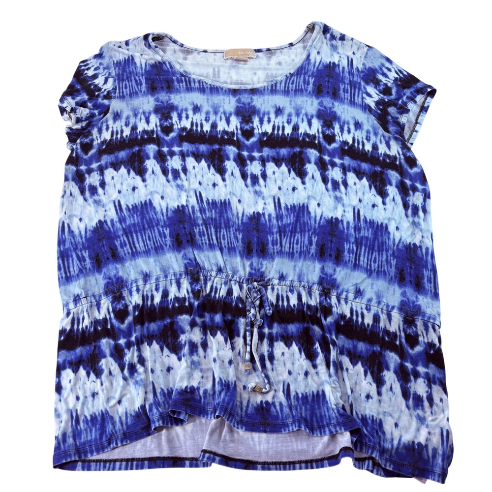Michael Kors Blue Ikat Tie Dye Drawstring Waist Top Plus Size 2X Short Sleeve